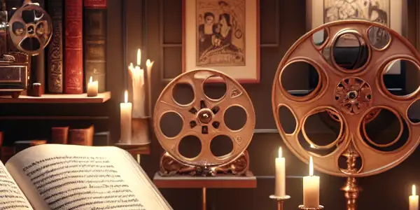 A cozy, dimly lit room filled with erotic novels, a film projector, and a plush armchair, evoking intimacy and allure.