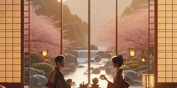 An elegant Japanese room with two figures in traditional attire, exuding intimacy amidst cherry blossoms and soft lighting.