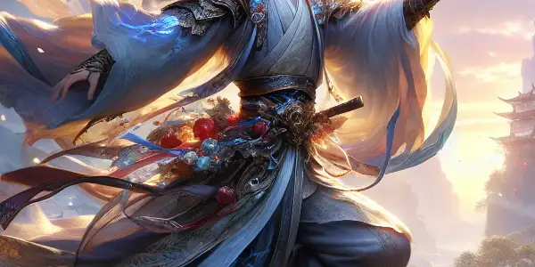 A heroic martial artist in flowing robes stands in a lush, mystical landscape with cherry blossoms and rugged mountains.