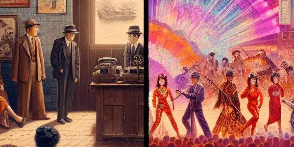 A split scene showcasing the evolution of Asian adult films from early 20th-century cinema to 1980s Japanese AV culture.