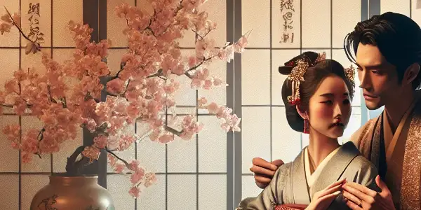 A romantic scene in a traditional Japanese room with two elegantly dressed characters, conveying passion and vulnerability.
