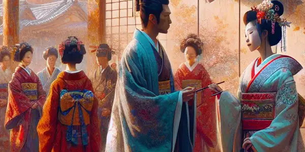 A sophisticated and intimate scene featuring elegantly dressed characters in a richly decorated, culturally inspired setting.