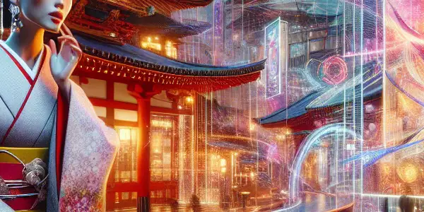 A captivating female protagonist in a modern kimono, surrounded by neon lights and traditional Japanese architecture.