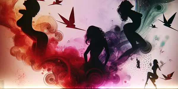 A luxurious lounge setting representing an adult entertainment hub, featuring red velvet, ambient lighting, and abstract visuals.