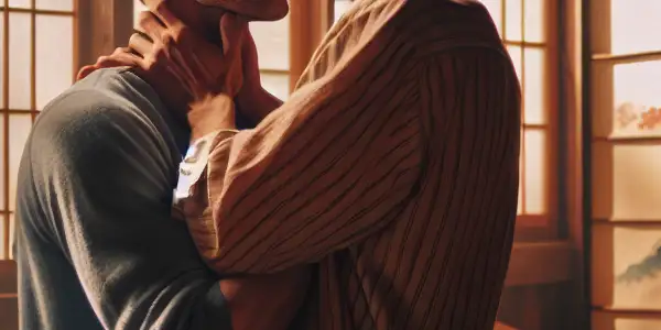 Two men embrace tenderly in a rustic cabin, illuminated by warm sunlight, embodying romance and vulnerability.