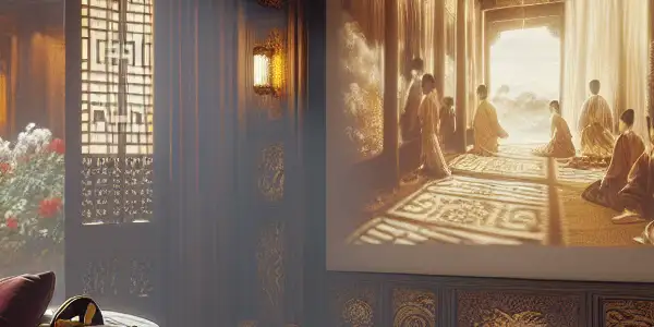 A cozy, dimly lit room with Asian decor, featuring a vintage projector displaying romantic scenes and a serene garden view.