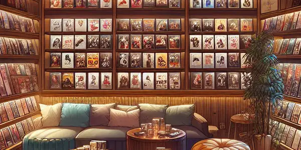 A cozy boutique showcasing colorful DVD covers of Japanese harem films, designed for a discreet adult entertainment experience.