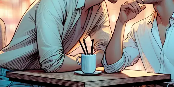 Two men share an intimate conversation in a cozy café, surrounded by a vibrant urban backdrop.