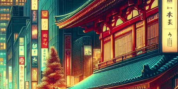 A vibrant Tokyo street at night, illuminated by neon lights, showcasing romance and adventure amidst cultural fusion.