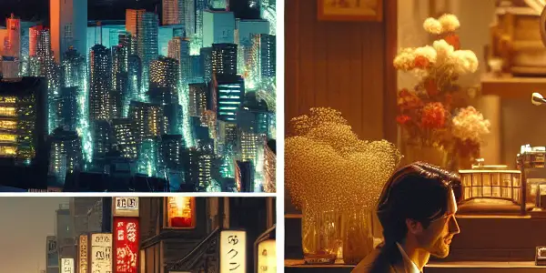 A vibrant Tokyo cityscape contrasts with a cozy Seoul café, depicting playful role-playing and an intimate couple.