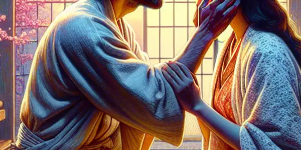 A tender couple sharing an intimate moment in a serene, traditionally decorated Japanese room with cherry blossoms.