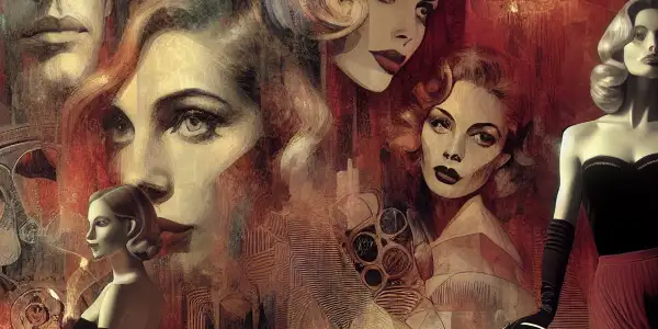 A vintage cinema scene featuring elegantly dressed characters, an ornate screen, and suggestive silhouettes in a warm, intimate atmosphere.