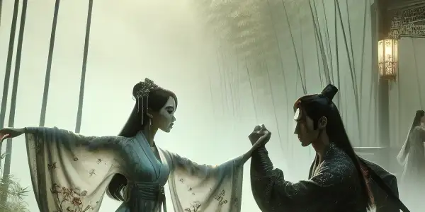 A swordswoman and warrior share a charged moment in a misty bamboo forest at dusk.