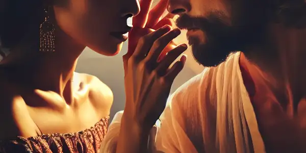 An intimate scene of two characters sharing intense eye contact in a softly-lit, inviting room.