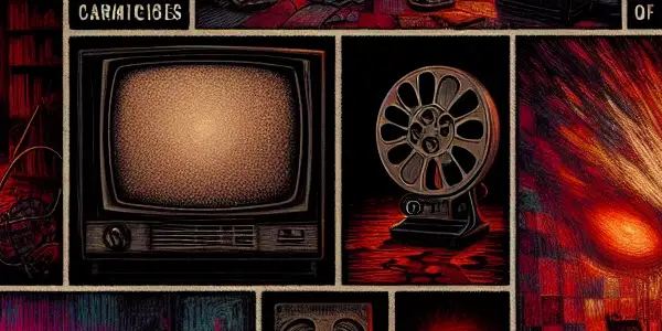 A dimly lit room blending eroticism and horror, featuring shadowy figures and a flickering television.