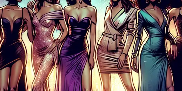 Glamorous women in evening attire enjoying nightlife in a vibrant, neon-lit urban setting.
