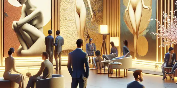 A sophisticated lounge scene with elegantly dressed individuals, artistic representations of the human body, and a warm, inviting atmosphere.