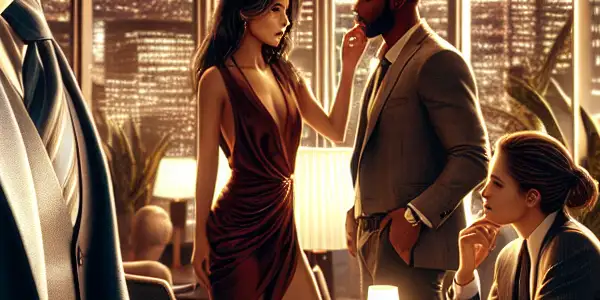 A luxurious office scene with a confident man and alluring characters, conveying power, desire, and tension.