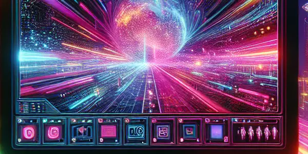 A vibrant, futuristic digital landscape featuring a modern computer setup with 3D visuals and abstract city elements.