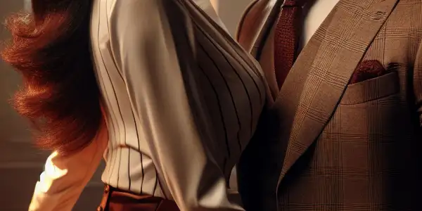 A stylish office scene depicting a passionate romance between two confident characters amidst an intimate, warm atmosphere.