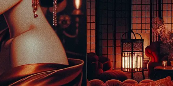 A seductive actress in a dimly lit film studio, surrounded by vintage cameras and glamorous decor, exuding mystery and allure.