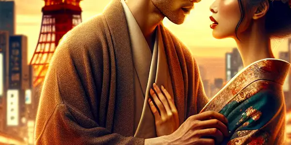 A romantic couple in modern Tokyo at night, surrounded by neon lights and iconic landmarks, blending tradition and contemporary fashion.