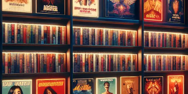 A cozy digital library showcasing provocative adult film posters and glowing screens with browsing tips.