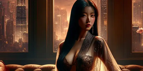 A beautiful Korean woman in a silk robe lounges in a dimly lit room, overlooking a romantic night skyline.