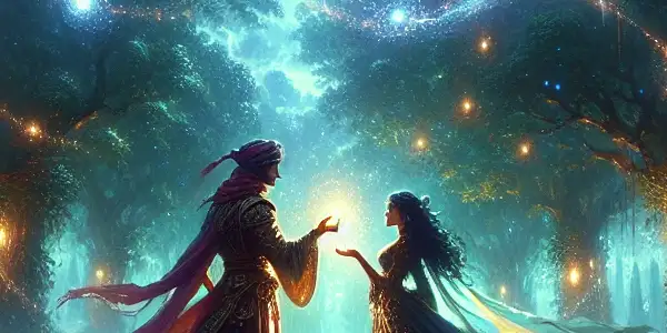 A heroic figure meets a beautiful enchantress in a magical, enchanted forest filled with ethereal lights and glowing spells.