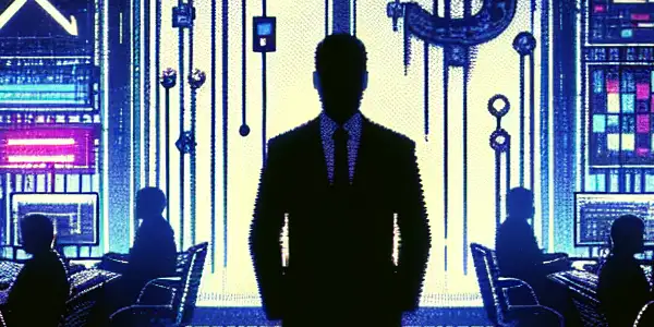 A shadowy executive in a chaotic office, intertwined with neon-lit nightclub elements, symbolizes corporate scandal and adult entertainment.