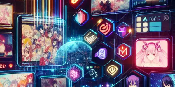 A futuristic virtual interface showcasing diverse genres of Japanese adult films with vibrant colors and high-tech elements.