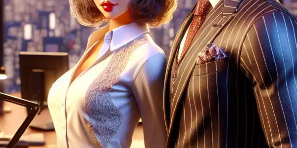 A modern Japanese office scene featuring a flirtatious interaction between a stylish female secretary and a charismatic male boss.