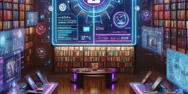 A futuristic digital library featuring high-definition screens displaying Japanese adult films, with immersive technology and a vibrant atmosphere.