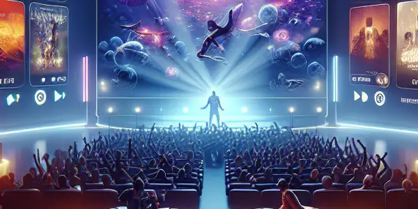 A modern virtual room showcasing a live streaming platform for adult films, featuring an artist engaging with an audience.