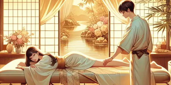A tranquil Japanese-style massage scene featuring a therapist and relaxed client in a serene, elegant setting.