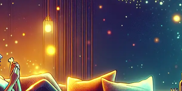 A cozy living room scene with a couple enjoying a movie, surrounded by soft pillows, popcorn, and wine.