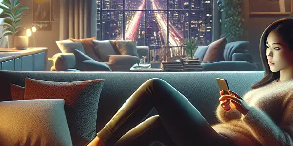 A cozy living room scene with a person watching films on a smartphone, surrounded by snacks and a cityscape view.