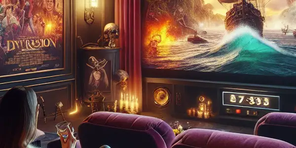 A stylish couple enjoys a romantic movie in a luxurious home theater, surrounded by classic cinema elements.