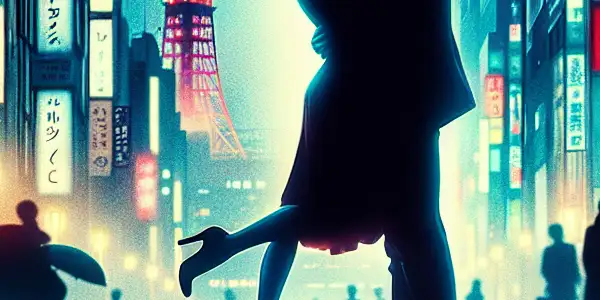 A romantic urban scene at dusk with a couple embracing, neon lights, and iconic Tokyo landmarks.