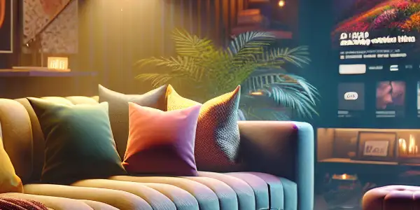 A cozy, modern living room with a streaming platform for adult films, featuring warm lighting and stylish decor.<a href=