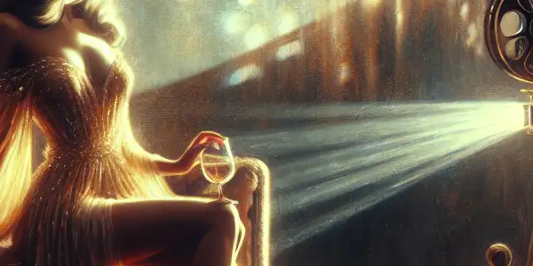 A glamorous actress in an elegant outfit, surrounded by soft lighting and cinematic elements, embodying sensuality and artistry.