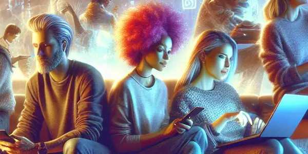 A cozy living room scene with diverse individuals engrossed in digital devices, surrounded by abstract digital elements.