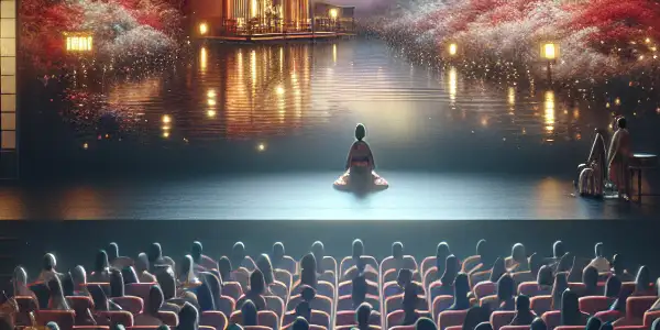 A dimly lit cinema featuring plush seats, showcasing a classic Japanese adult film with cultural decor and an engaged audience.