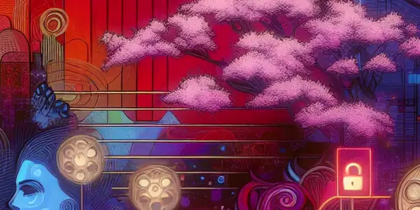 An abstract digital interface representing adult entertainment, blending classic cinema symbols with Japanese cultural elements.