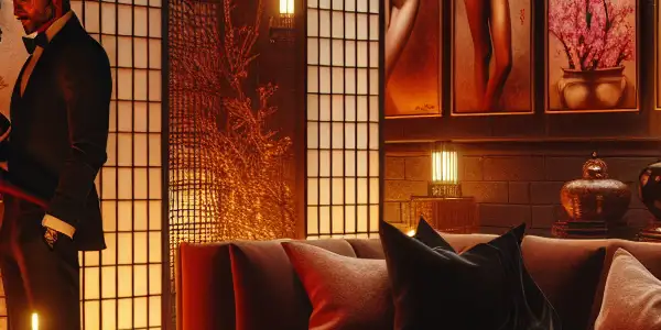 A luxurious lounge featuring intimate conversation, erotic art, and warm ambient lighting, evoking sensuality and allure.
