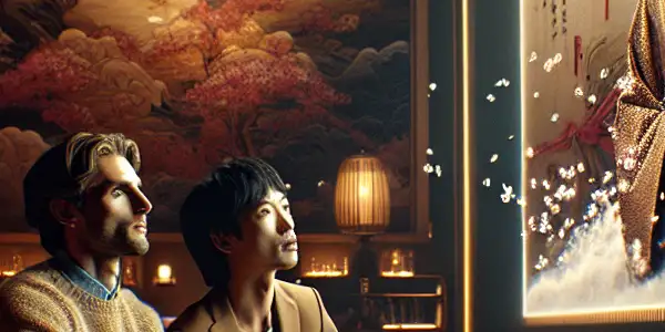 A dimly lit lounge with diverse individuals watching an abstract Japanese AV film on a large screen.<a href=