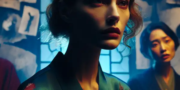 A woman in a dimly lit room faces shadowy figures, embodying allure and vulnerability amidst themes of betrayal and consequence.