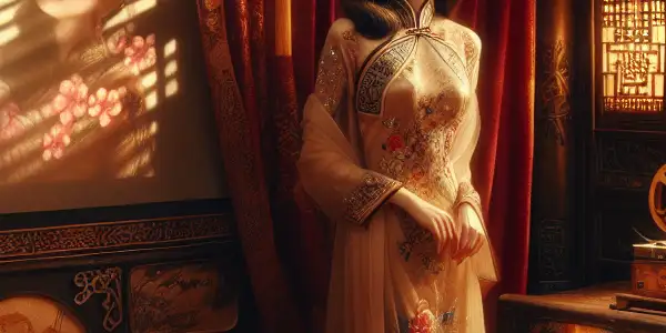 A graceful Chinese courtesan in an elegant, dimly lit room, surrounded by traditional decor and romantic ambiance.