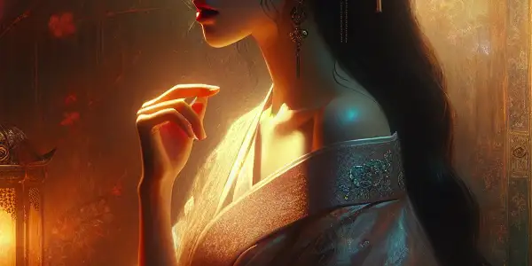 A captivating Korean actress in a luxurious gown, surrounded by cherry blossoms and bamboo in an intimate, warm-lit setting.