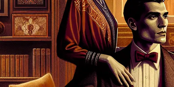 A passionate couple embraces in a dimly lit, intimate room adorned with plush furnishings and suggestive artwork.